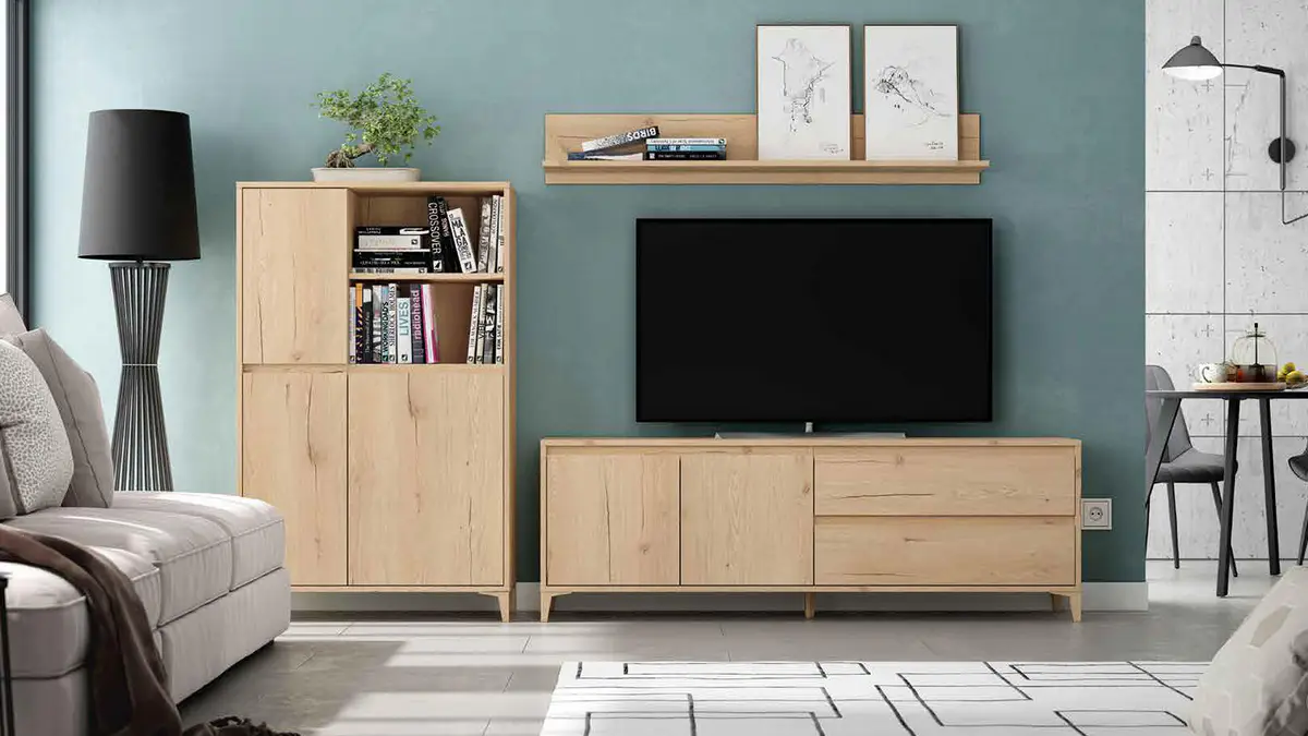 Mueble TV modular de madera natural con estantería y librero - Muebles Hermanos Herrera