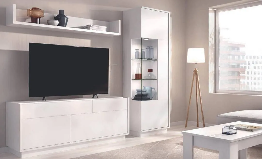 mueble de televisión minimalista con almacenaje a medida, showroom Muebles Hermanos Herrera Olivares
