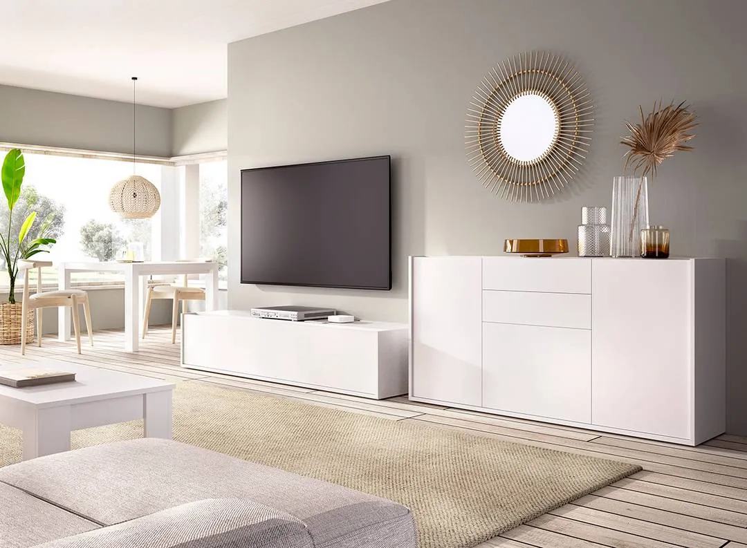 mueble de televisión minimalista con almacenaje a medida, showroom Muebles Hermanos Herrera Olivares