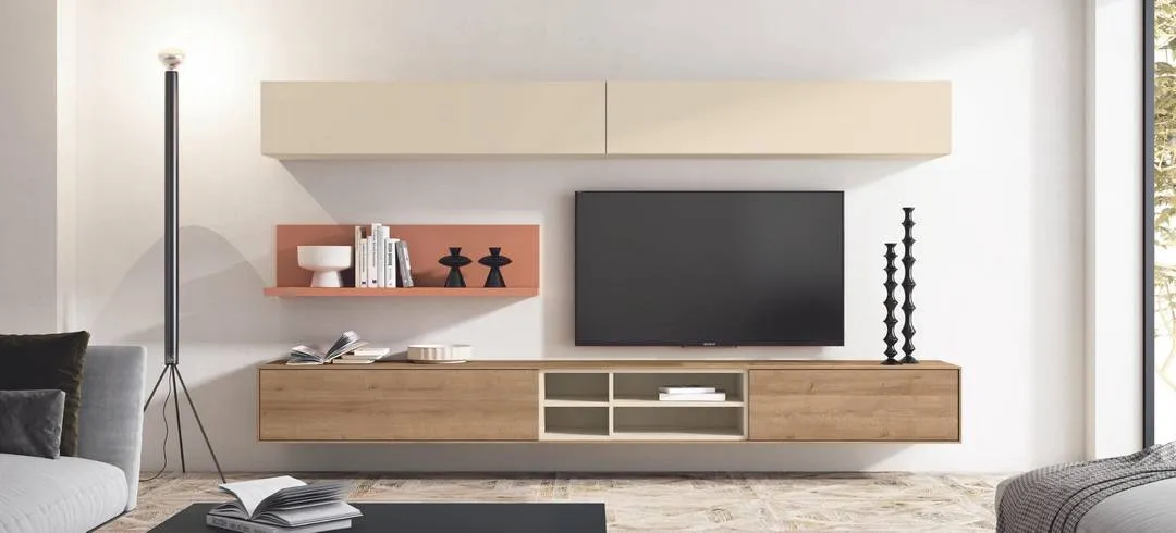 mueble de televisión minimalista con almacenaje a medida, showroom Muebles Hermanos Herrera Olivares