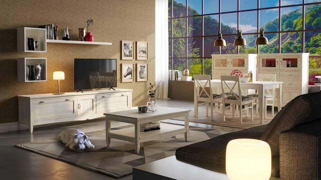 Salón moderno y elegante con paleta neutros cálidos y sofá de líneas limpias en Sevilla