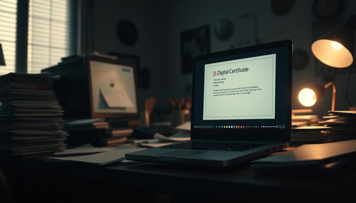 A cluttered office desk with stacks of papers, a computer monitor, and an open laptop displaying a digital certificate with red error symbols. The scene is dimly lit, creating a sense of frustration and confusion. The foreground features the laptop screen prominently, while the middle ground includes a cluttered workspace with scattered documents. The background is blurred, emphasizing the focus on the digital certificate issue. The overall atmosphere conveys the challenges and obstacles encountered when trying to obtain a digital certificate, reflecting the section title "Errores frecuentes que te hacen perder tiempo y cómo evitarlos". A cluttered office desk with stacks of papers, a computer monitor, and an open laptop displaying a digital certificate with red error symbols. The scene is dimly lit, creating a sense of frustration and confusion. The foreground features the laptop screen prominently, while the middle ground includes a cluttered workspace with scattered documents. The background is blurred, emphasizing the focus on the digital certificate issue. The overall atmosphere conveys the challenges and obstacles encountered when trying to obtain a digital certificate, reflecting the section title "Errores frecuentes que te hacen perder tiempo y cómo evitarlos".