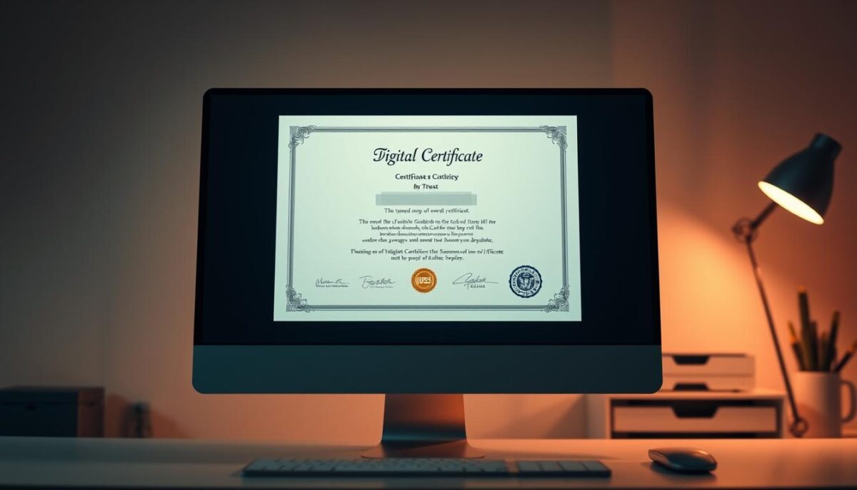 A digital certificate displayed prominently on a sleek, modern computer screen. The screen is backlit with a soft, warm glow, casting a gentle light across the certificate. The certificate itself is elegantly designed, with clean lines, minimal text, and a subtle color palette that conveys professionalism and trust. The background is a minimalist workspace, with a hint of organization and efficiency, emphasizing the seamless integration of the digital certificate into the user's workflow. The overall composition is balanced, with the certificate as the focal point, surrounded by just enough context to provide a sense of place and purpose. A digital certificate displayed prominently on a sleek, modern computer screen. The screen is backlit with a soft, warm glow, casting a gentle light across the certificate. The certificate itself is elegantly designed, with clean lines, minimal text, and a subtle color palette that conveys professionalism and trust. The background is a minimalist workspace, with a hint of organization and efficiency, emphasizing the seamless integration of the digital certificate into the user's workflow. The overall composition is balanced, with the certificate as the focal point, surrounded by just enough context to provide a sense of place and purpose.