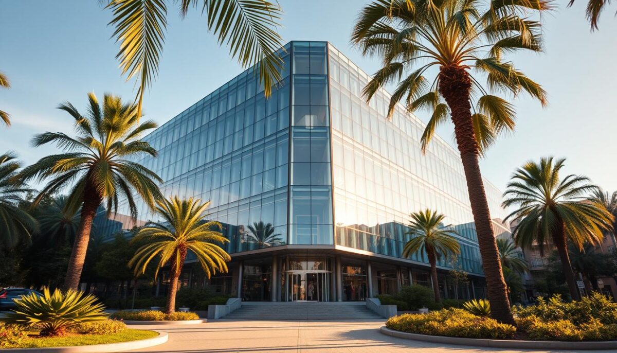 A magnificent modern building with a sleek, contemporary design stands prominently in the heart of Seville, its clean lines and glass façade reflecting the vibrant city around it. The building is nestled amidst lush palm trees and verdant landscaping, creating a harmonious blend of nature and architecture. Warm, golden sunlight bathes the scene, casting soft shadows and highlighting the intricate details of the structure. The atmosphere exudes a sense of professionalism and approachability, inviting visitors to explore the educational opportunities within. The camera angle captures the building from a low perspective, emphasizing its stature and importance within the local community.