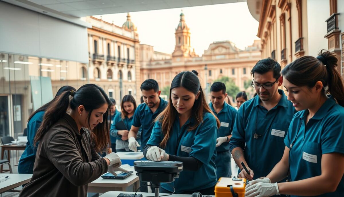 A warm, inviting scene set in Seville, Spain. In the foreground, a group of TCAE (Técnico en Cuidados Auxiliares de Enfermería) students engage in hands-on training, their faces alight with focus and determination. The middle ground features a modern classroom with state-of-the-art equipment, hinting at the high-quality education offered. In the background, the iconic architecture of Seville provides a picturesque backdrop, evoking a sense of historical tradition and cultural richness. The lighting is soft and natural, creating a welcoming atmosphere that reflects the high employability and career prospects for those pursuing TCAE, safety certification, and professional development courses in this vibrant city. A warm, inviting scene set in Seville, Spain. In the foreground, a group of TCAE (Técnico en Cuidados Auxiliares de Enfermería) students engage in hands-on training, their faces alight with focus and determination. The middle ground features a modern classroom with state-of-the-art equipment, hinting at the high-quality education offered. In the background, the iconic architecture of Seville provides a picturesque backdrop, evoking a sense of historical tradition and cultural richness. The lighting is soft and natural, creating a welcoming atmosphere that reflects the high employability and career prospects for those pursuing TCAE, safety certification, and professional development courses in this vibrant city.