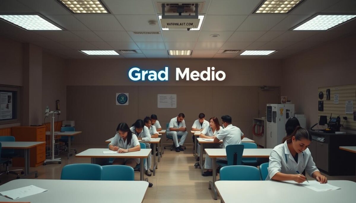 A well-lit, high-contrast, professional-quality image of the "Grado Medio TCAE" program, showcasing its focus on practical healthcare training. The scene depicts a modern, well-equipped classroom with desks, chairs, and medical equipment, creating an atmosphere of diligent study and hands-on learning. The middle ground features a group of students in white uniforms, intently focused on their tasks, while the background showcases the institution's branding and signage, conveying its established reputation. The lighting is soft and directional, casting warm tones and creating depth and dimensionality. The camera angle is slightly elevated, providing a comprehensive view of the setting and lending an air of authority and professionalism to the image.