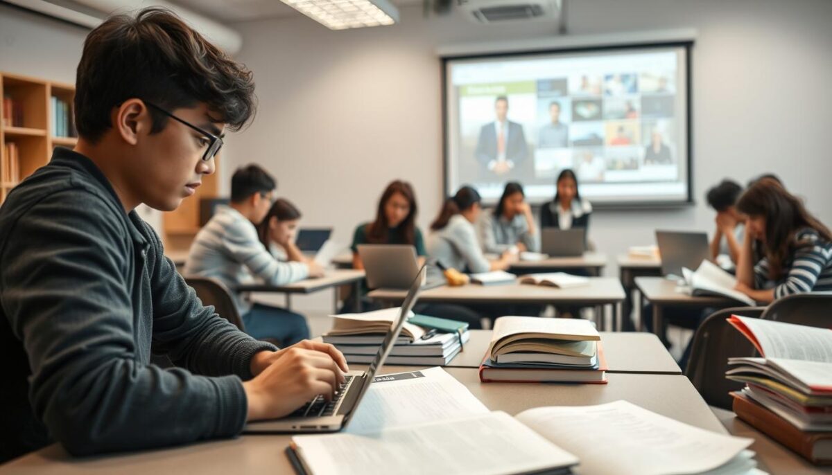a well-lit indoor scene showcasing the concept of "modalidad mixta" or blended learning. In the foreground, a student working intently on a laptop, with textbooks and other learning materials surrounding them. In the middle ground, a group of students engaged in a collaborative discussion, some using laptops and others taking handwritten notes. In the background, a virtual classroom projection screen displaying educational content, subtly suggesting the integration of digital and in-person elements. The scene should convey a sense of productivity, focus, and the harmonious blend of traditional and modern learning approaches. a well-lit indoor scene showcasing the concept of "modalidad mixta" or blended learning. In the foreground, a student working intently on a laptop, with textbooks and other learning materials surrounding them. In the middle ground, a group of students engaged in a collaborative discussion, some using laptops and others taking handwritten notes. In the background, a virtual classroom projection screen displaying educational content, subtly suggesting the integration of digital and in-person elements. The scene should convey a sense of productivity, focus, and the harmonious blend of traditional and modern learning approaches.